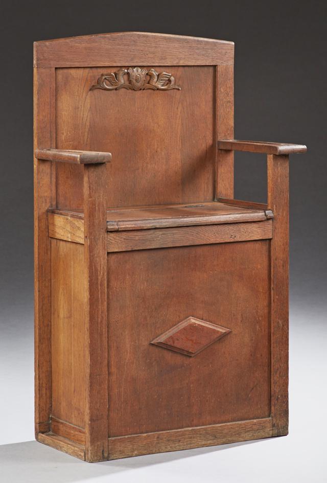 Diminutive English Carved Oak Hall Seat, 20th c., the: Diminutive English Carved Oak Hall Seat, 20th c., the arched back over a lifting seat to storage flanked by cutout trapezoidal arms, on paneled base, with applied decoration, H.- 37 3/4 in., W.- 24 in