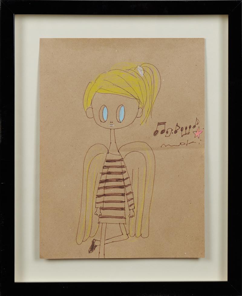 Maki Hosokawa (1980, Japanese), "Angel Song," 20th/21st: Maki Hosokawa (1980, Japanese), "Angel Song," 20th/21st c., watercolor on paper, signed right center, verso with a postcard for an exhibition, featuring this watercolor, presented in a black shadowbox