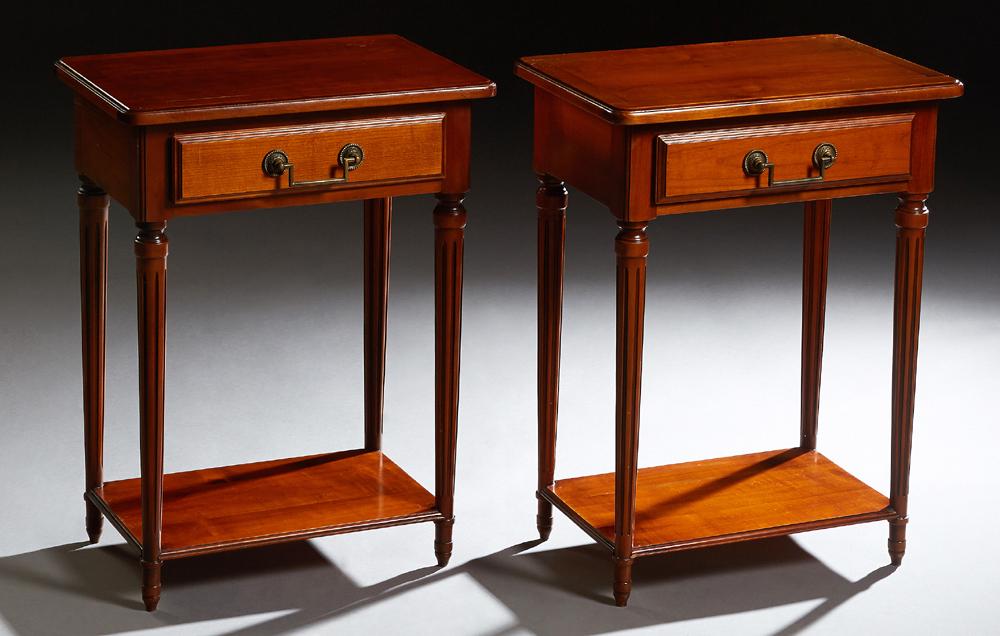 Pair of Louis XVI Style Carved Cherry Nightstands, 20th: Pair of Louis XVI Style Carved Cherry Nightstands, 20th c., the stepped ogee edge rectangular top over a frieze drawer on turned tapered reeded supports to a lower stretcher shelf on turned legs, H.- 