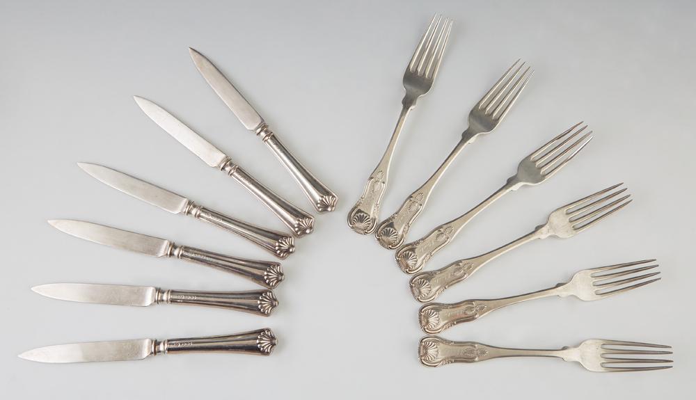 Group of Silver, consisting of 6 cake forks, in shell: Group of Silver, consisting of 6 cake forks, in shell and thread pattern, marked Bailey & Kitchen, early 19th c., with stamp marks for Taylor & Lawrie; and a cased set of English sterling cake knives,