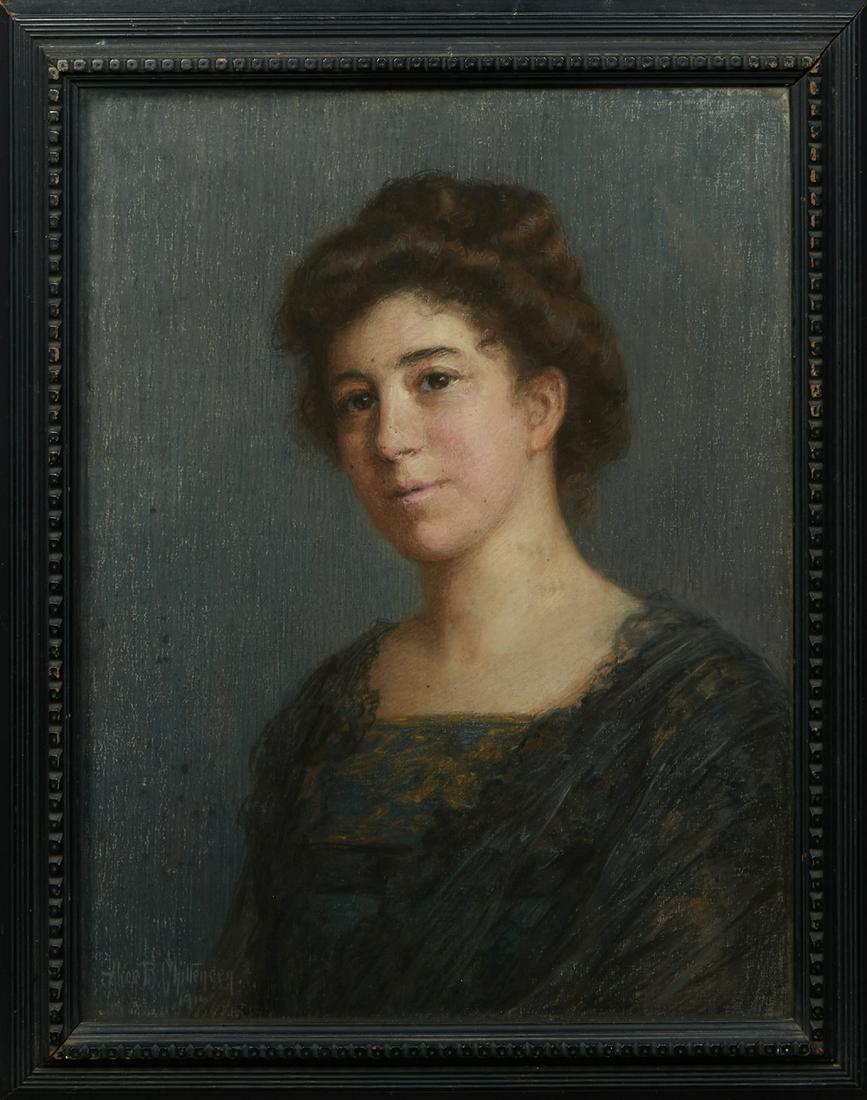 Alice B. Chittenden (1859-1944, California), "Portrait: Alice B. Chittenden (1859-1944, California), "Portrait of a Lady with Brown Hair," 1914, oil on canvas, signed and dated lower left, presented in an ebonized gesso frame, H.- 21 3/4 in., W.- 17 1/2 in