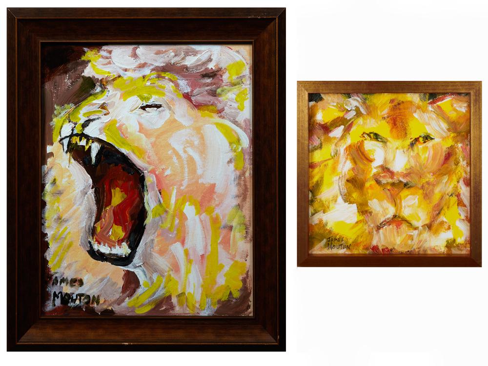 James Mouton (1925-2011, New Orleans), "Roaring Lion,": James Mouton (1925-2011, New Orleans), "Roaring Lion," 21st c., oil on board, signed lower left, presented in a mahogany frame with gilt highlights, H.- 19 1/2 in., W.- 15 1/2 in.; together with "Smil