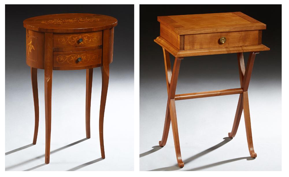 Two French Louis XV Style Inlaid Carved Mahogany: Two French Louis XV Style Inlaid Carved Mahogany Nightstands, 20th c., one with an oval top over two convex drawers, on cabriole legs, H.- 25 3/4 in., W.- 17 3/4 in., D.- 12 1/4 in.; the second an Emp