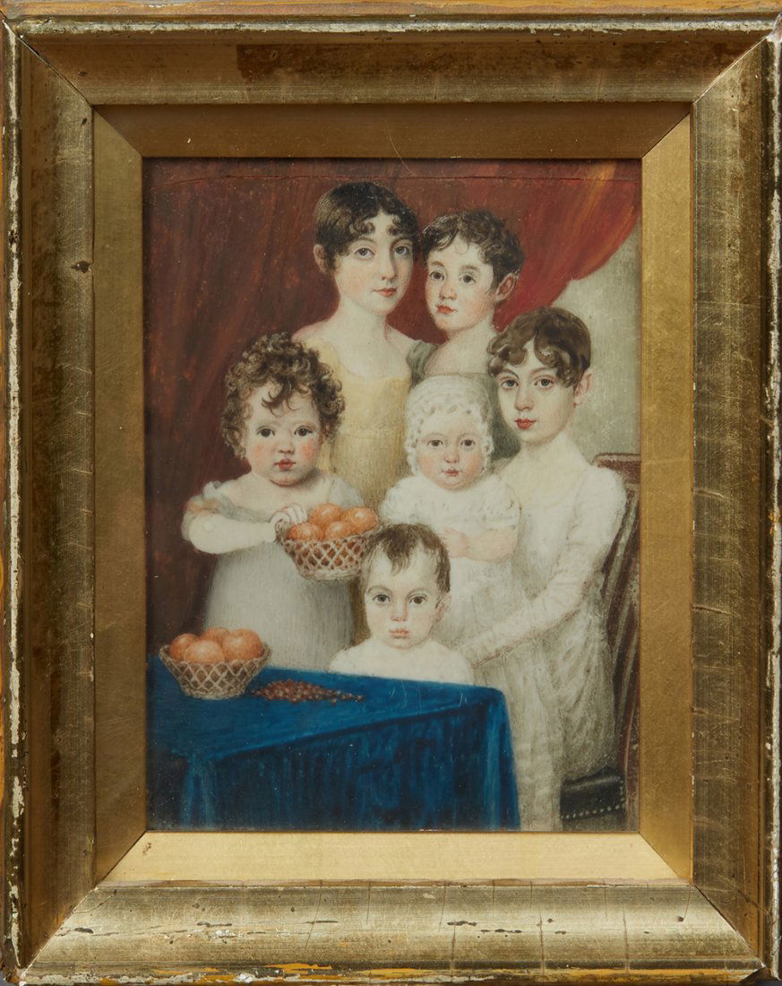 Henry Matthews (1912-1991, English), "My Six Children,": Henry Matthews (1912-1991, English), "My Six Children," early 19th c., miniature on bone, verso with a hand written label, "Hannah, Sussanah, Priscilla, Henry, Joseph & John Matthews, children of Henr