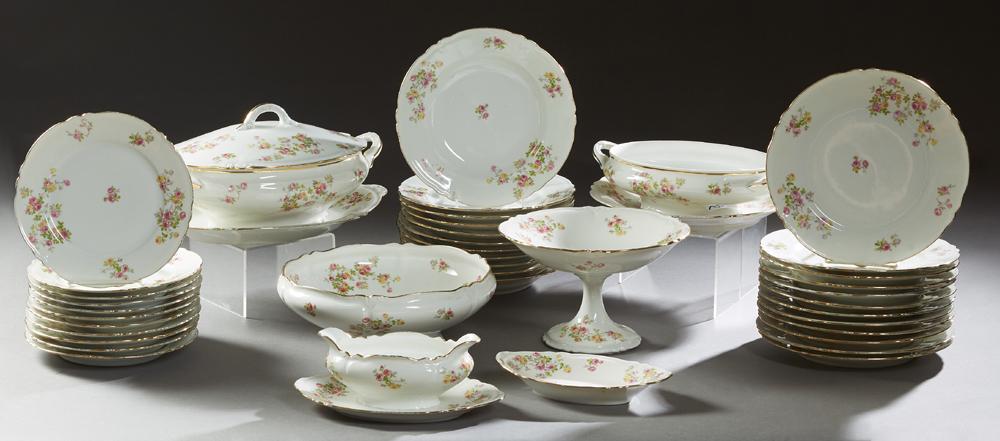 Forty-Nine Piece Set of Limoges Porcelain Dinnerware,: Forty-Nine Piece Set of Limoges Porcelain Dinnerware, early 20th c., by Bernardaud & Co., consisting of 17 dinner plates, 12 soup bowls, 12 salad plates, a double lip sauceboat on integral stand, a bo