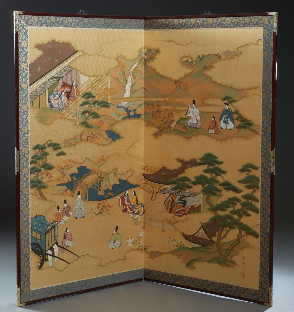Japanese Two Panel Silk Dressing Screen, 20th c., in (1 of 13)