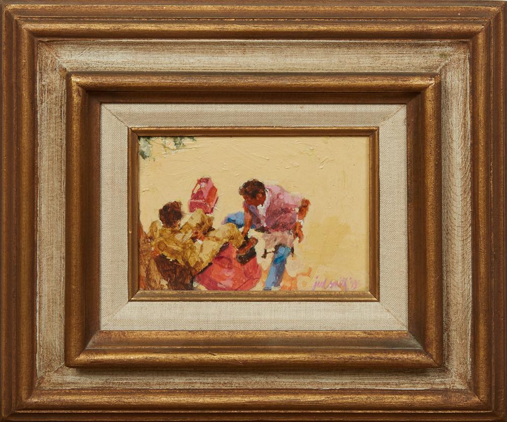 Jack Smith (Louisiana), "Shoe Shine Man," 1973, oil on: Jack Smith (Louisiana), "Shoe Shine Man," 1973, oil on canvas, signed and dated lower right, presented in a gilt shadowbox frame with a linen liner, H.- 4 3/4 in., W.- 6 1/2 in.