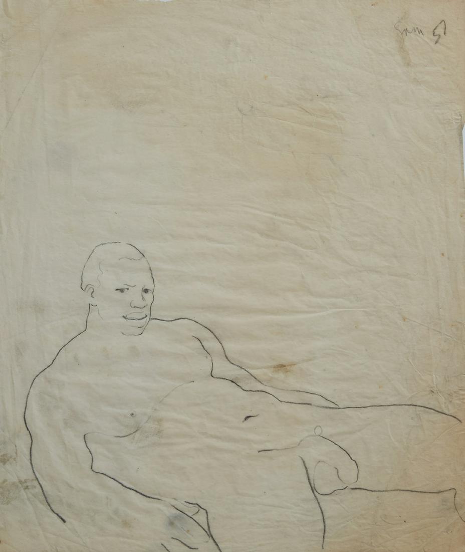 George Valentine Dureau (1930-2014, New Orleans),: George Valentine Dureau (1930-2014, New Orleans), "Reclining Black Nude Male," 1957, charcoal, signed and dated upper right corner, shrink wrapped, H.- 16 1/2 in., W.- 14 in.