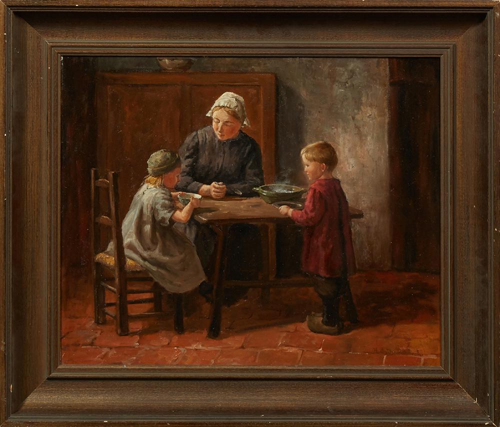 Hendricus Antonius Dievenbach (1872-1946, Dutch), "At: Hendricus Antonius Dievenbach (1872-1946, Dutch), "At the Kitchen Table," 19th c., oil on canvas, signed lower right, presented in a wide gilt frame, H.- 19 in., W.- 23 in.