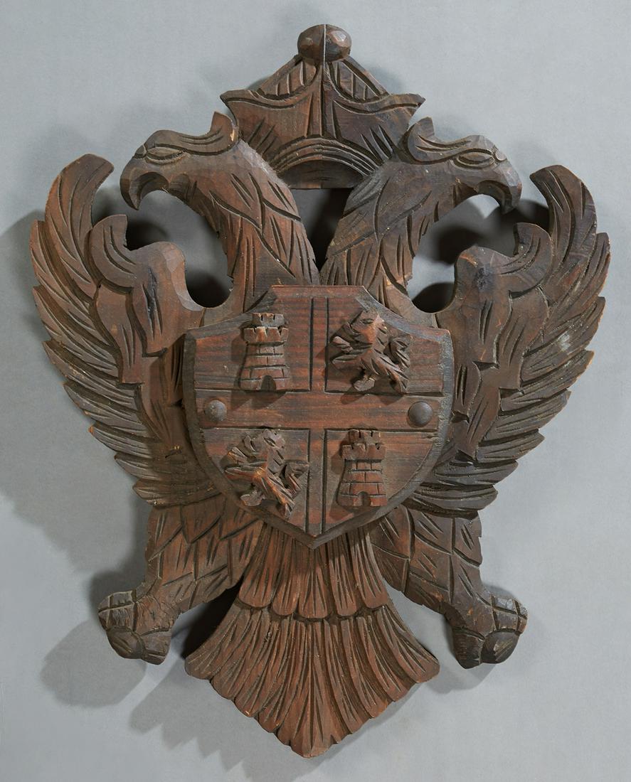 Carved Pine Coat of Arms, 20th c., of the city of: Carved Pine Coat of Arms, 20th c., of the city of Toledo, Spain, H.- 21 1/2 in., W.- 16 7/8 in., D.- 2 1/4 in.