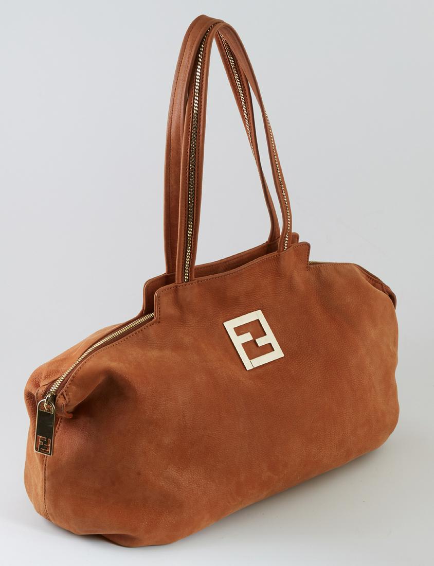 Fendi Brown Calf Leather Nubuck Medium Chains Tote,: Fendi Brown Calf Leather Nubuck Medium Chains Tote, with double handles and gold hardware, the interior of the bag lined in "Fendi" canvas, with two open pockets on one side, H.- 9 in., W.- 17 in., D.