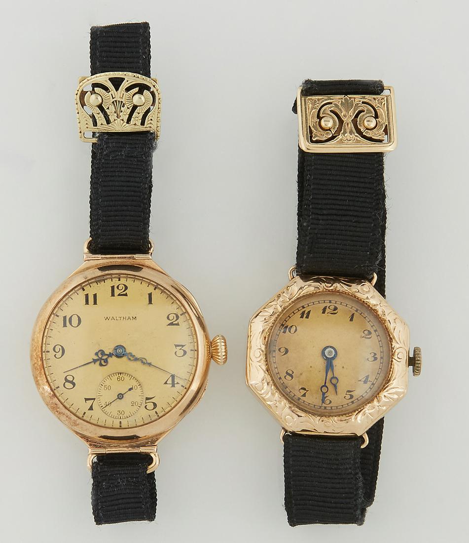 Two Lady's 14K Yellow Gold Wristwatches, early 20th c.,: Two Lady's 14K Yellow Gold Wristwatches, early 20th c., consisting of a circular Waltham, running, and a hexagonal Bulova, both with black grosgrain ribbon bands, with 14K yellow gold adjustable buckl