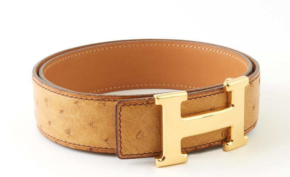Hermes Ostrich Leather H Belt, c. 1997, with gold (1 of 2)