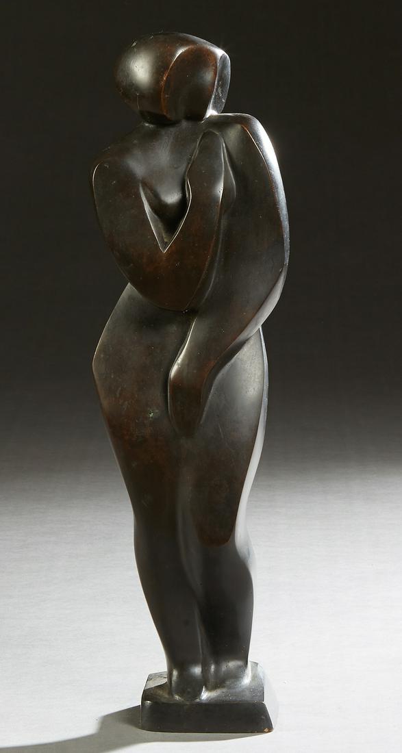 American School, "Cubist Nude Female," 20th c.,: American School, "Cubist Nude Female," 20th c., patinated bronze statue, brutalist school, the integral base marked with an incised "K" in a circle, H.- 16 in., W.- 4 1/4 in., D.- 3 1/4 in. Provenance