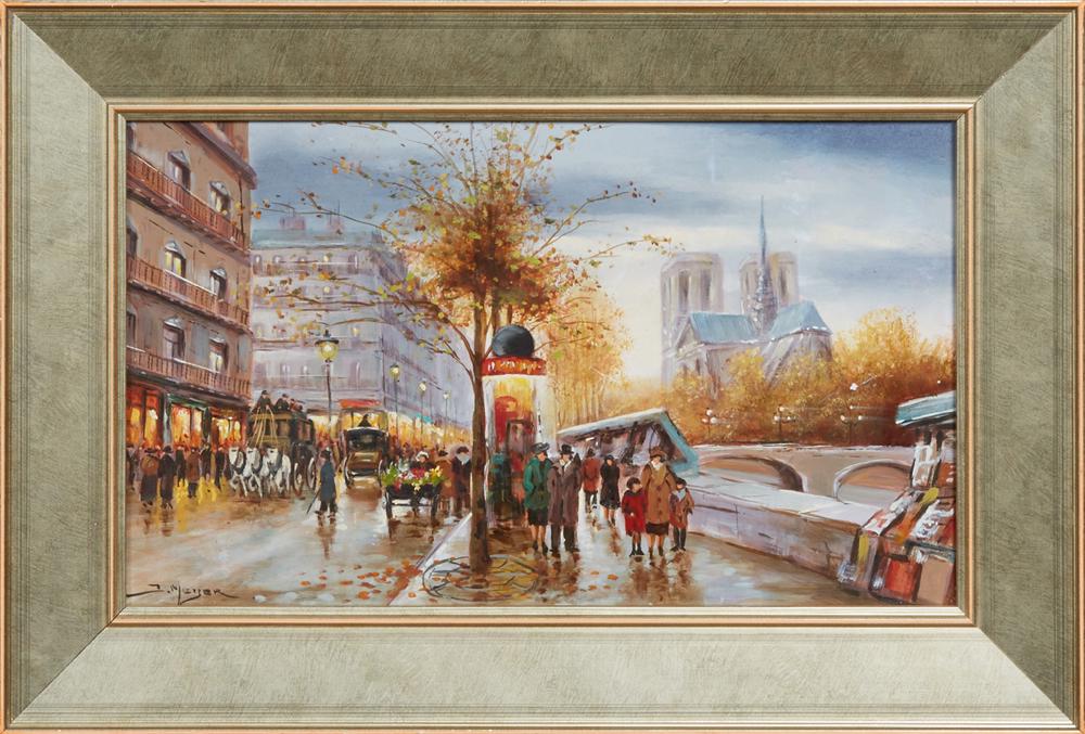 Johan Meyer (1918-2005, Dutch), "Paris Street Scene,": Johan Meyer (1918-2005, Dutch), "Paris Street Scene," 20th c., oil on panel, signed lower left, presented in a wide gilt frame, H.- 6 3/4 in., W.- 11 1/2 in.