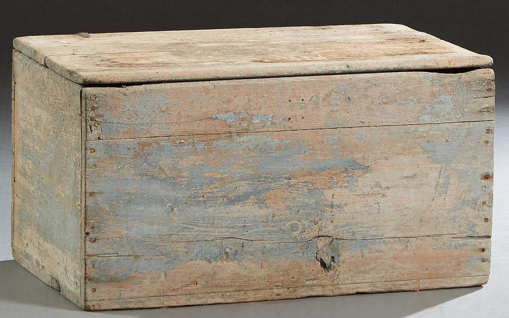Small Louisiana Cypress Coffer, 19th c., the rounded: Small Louisiana Cypress Coffer, 19th c., the rounded edge and corner two board top with iron strap hinges, over a horizontal board front and sides, with traces of gray paint, H.- 17 1/2 in., W.- 32 in