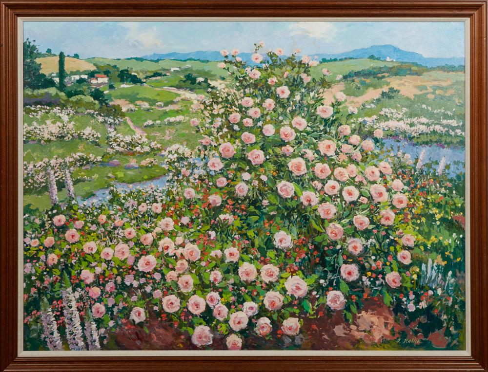 Ferdinand Kallik (Czech), "Field of Roses," 20th c.,: Ferdinand Kallik (Czech), "Field of Roses," 20th c., oil on canvas, signed lower right, presented in a wooden frame, H.- 35 1/2 in., W.- 47 1/2 in., Framed H.- 40 1/2 in., W.- 52 1/2 in., Provenance: 