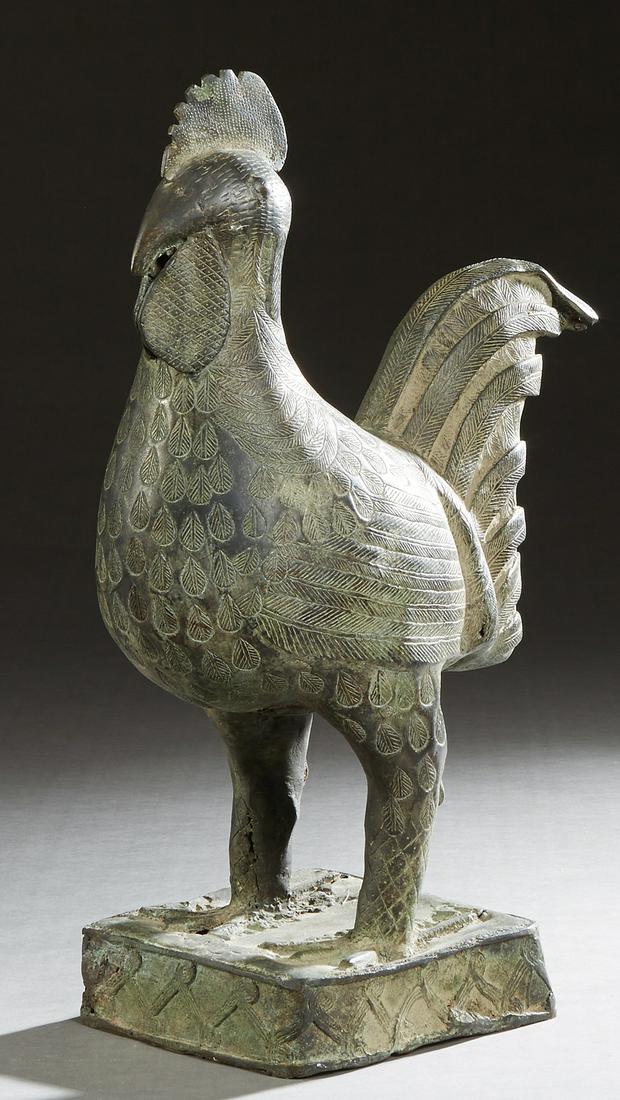 African Benin Bronze Rooster, 20th c., Nigeria, with (1 of 2)