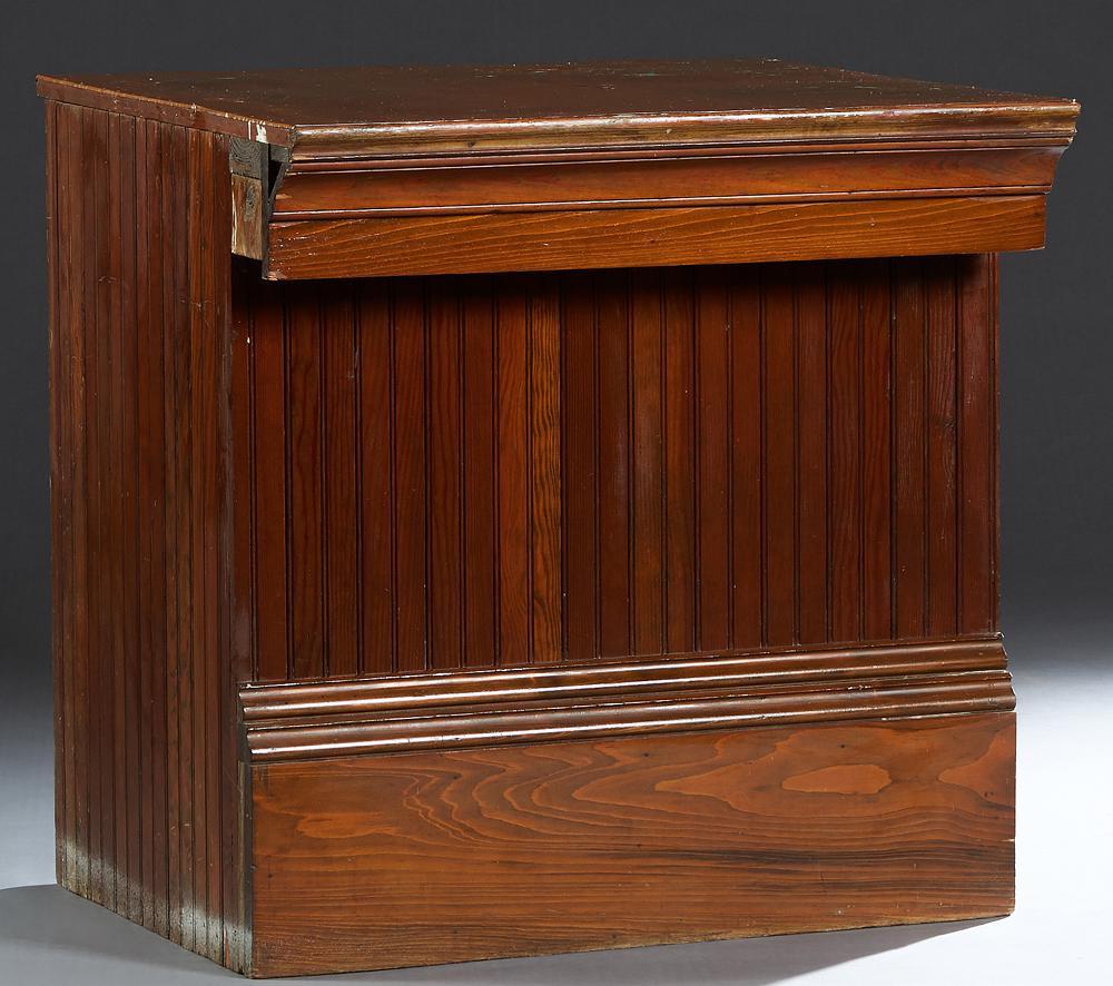 Carved Cypress Bar, 20th c., with a copper top over a: Carved Cypress Bar, 20th c., with a copper top over a beaded board front and sides, with two rear open shelves, on a plinth base, H.- 36 1/4 in., W.- 36 in., D.- 30 1/4 in.