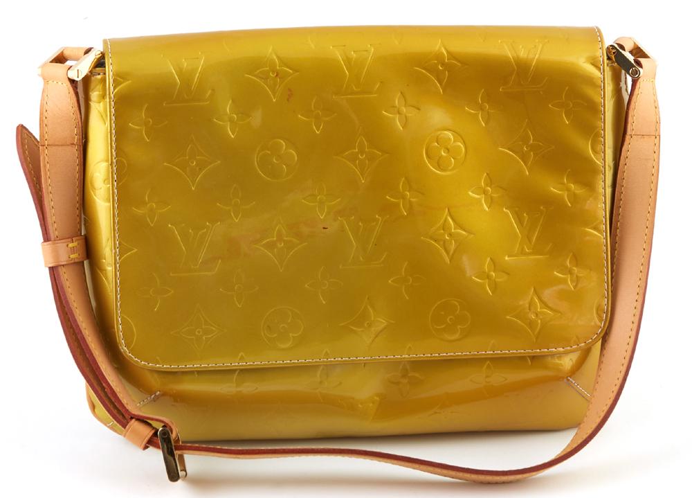 Louis Vuitton Golden Yellow Thompson Street Shoulder: Louis Vuitton Golden Yellow Thompson Street Shoulder Bag, with golden brass hardware and adjustable vachetta leather strap, opening to a grey calf leather interior with small pocket, H.- 8 1/2 in., W.