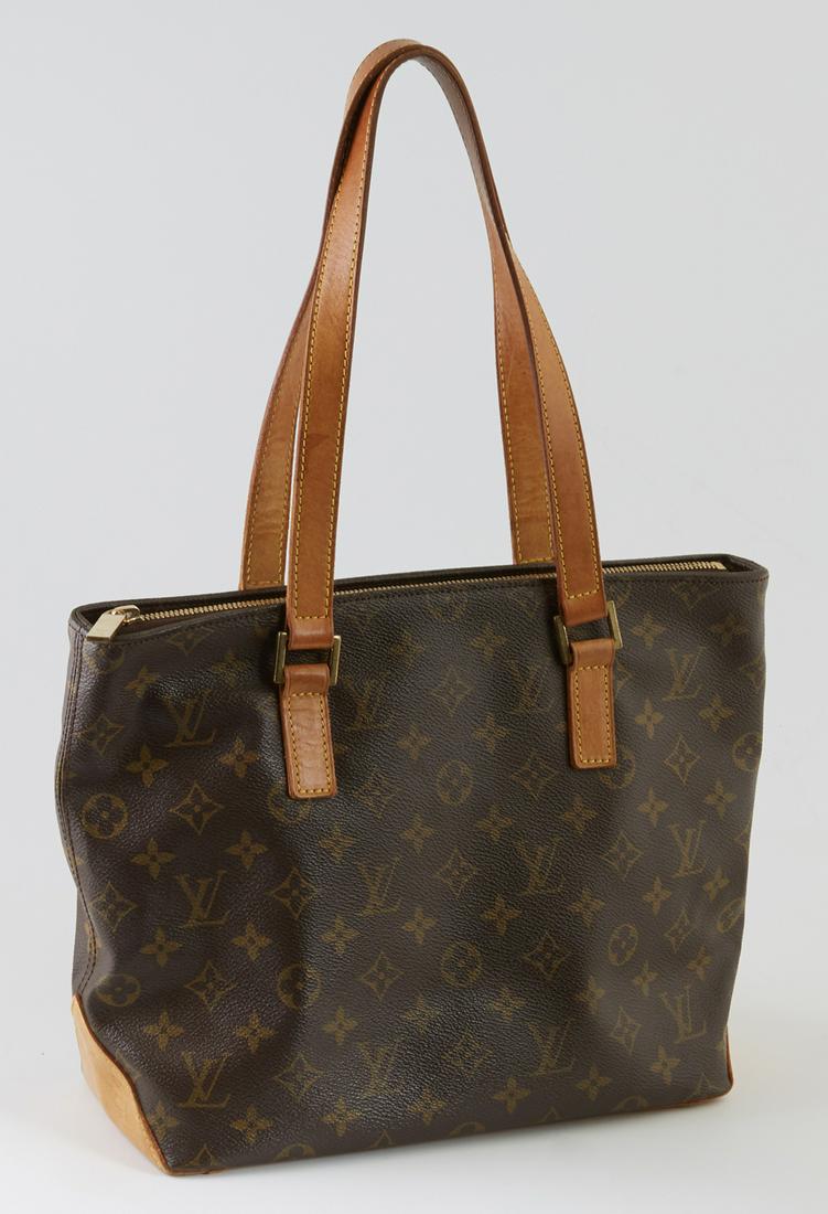 Louis Vuitton Brown Monogram Coated Canvas Cabas Piano: Louis Vuitton Brown Monogram Coated Canvas Cabas Piano Shoulder Bag, the exterior bottom with light vachetta leather and the top with vachetta leather straps, the golden brass hardware and zipper open
