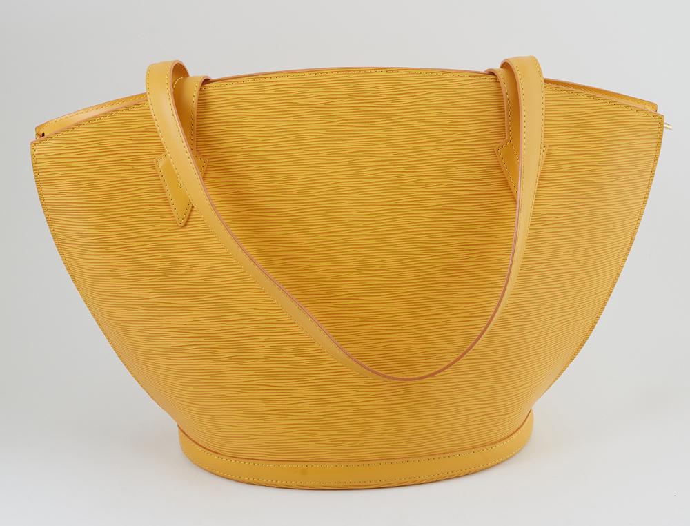 Louis Vuitton Yellow Epi Leather GM St. Jacques: Louis Vuitton Yellow Epi Leather GM St. Jacques Shopping Handbag, with golden brass hardware, opening to a purple suede interior with small pocket, H.- 9 1/2 in., W.- 15 in., D.- 4 in., Strap L.- 12 1