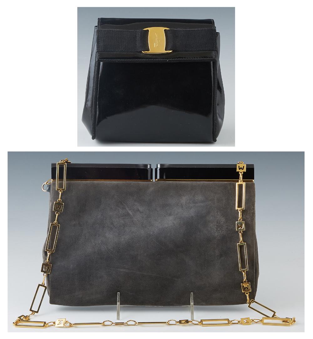 Two Vintage Handbags, one a Charles Jourdan Grey Suede: Two Vintage Handbags, one a Charles Jourdan Grey Suede Clutch, with gold hardware and black lucite snap closure, the interior of the bag lined in a black monogram canvas with a zip closure pocket on o