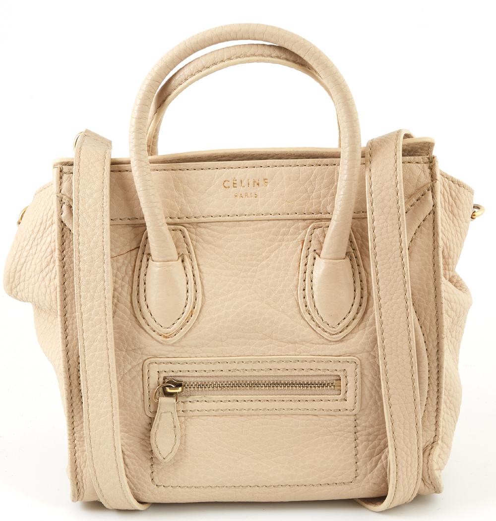 Celine Beige Grained Calf Leather Nano Luggage Shoulder: Celine Beige Grained Calf Leather Nano Luggage Shoulder Bag, with double rolled handles and gold hardware, the interior of the bag lined in beige suede with a side open pocket, the exterior of the bag