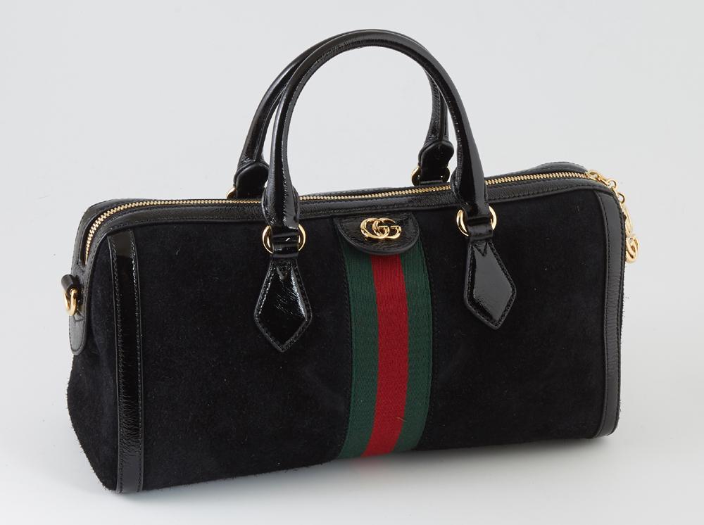 Gucci Ophidia Medium Top Handle Boston Shoulder Bag, c.: Gucci Ophidia Medium Top Handle Boston Shoulder Bag, c. 2019, in suede and black leather with gold hardware, the interior of the bag lined in peach suede, with an open pouch on one side and a zip clos