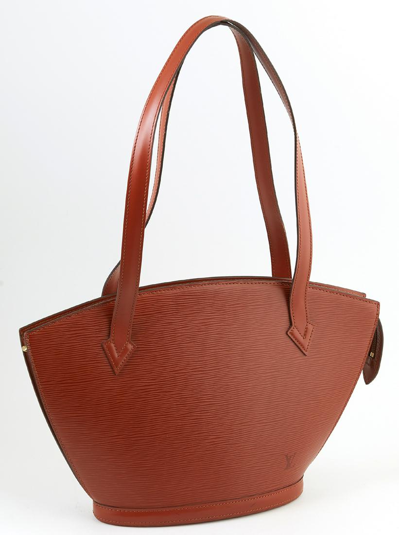 Louis Vuitton Saddle Bag Brown Epi Leather PM St.: Louis Vuitton Saddle Bag Brown Epi Leather PM St. Jacques Long Straps Handbag, with golden brass hardware, opening to a light brown suede interior with small pocket, H.- 9 1/2 in., W.- 15 in., D.- 4 i