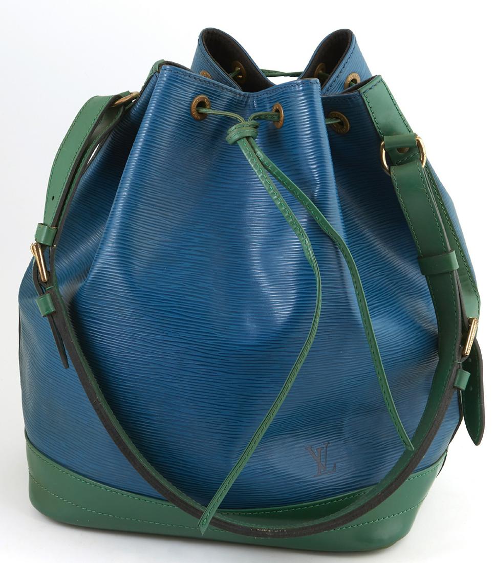 Louis Vuitton Noe Bicolor Blue and Green GM Epi Leather: Louis Vuitton Noe Bicolor Blue and Green GM Epi Leather Shoulder Bag, with green and blue stitching and brass hardware, opening to a black suede interior with key ring, the strap with adjustable brass