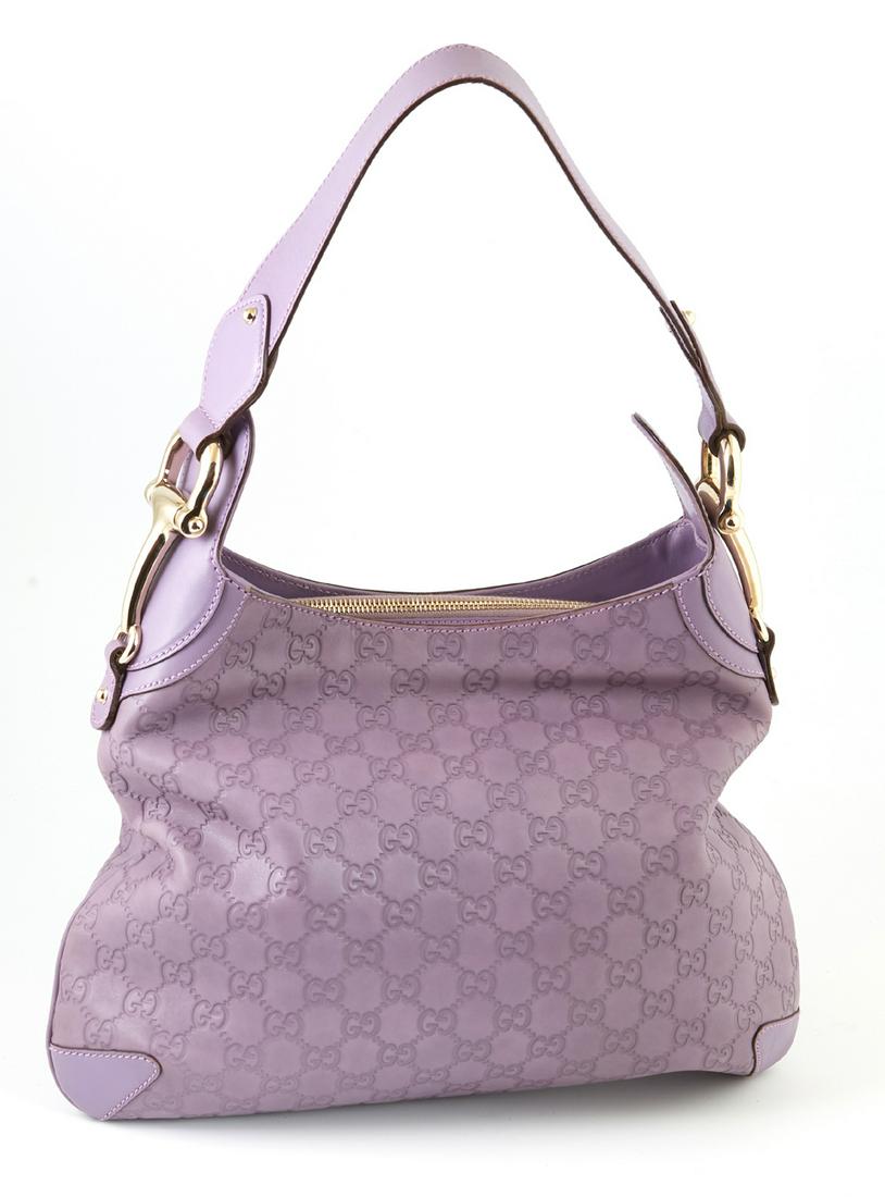 Gucci Lavender Guccissima Leather Creole Hobo Shoulder: Gucci Lavender Guccissima Leather Creole Hobo Shoulder Bag, the straps connected with golden horse-bit hardware, the main zipper opening to a horse-bit printed interior with a side zip compartment, H.