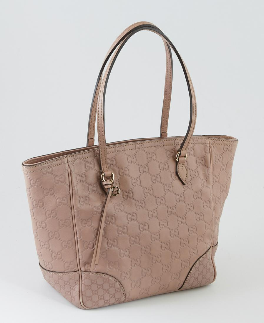 Gucci Old Rose Calf Leather Square Zip Tote, with gold: Gucci Old Rose Calf Leather Square Zip Tote, with gold hardware, the interior lined with beige canvas, one size with a zip closure pouch, the other side with two open pockets, H.- 9 in., W.- 13 in., D