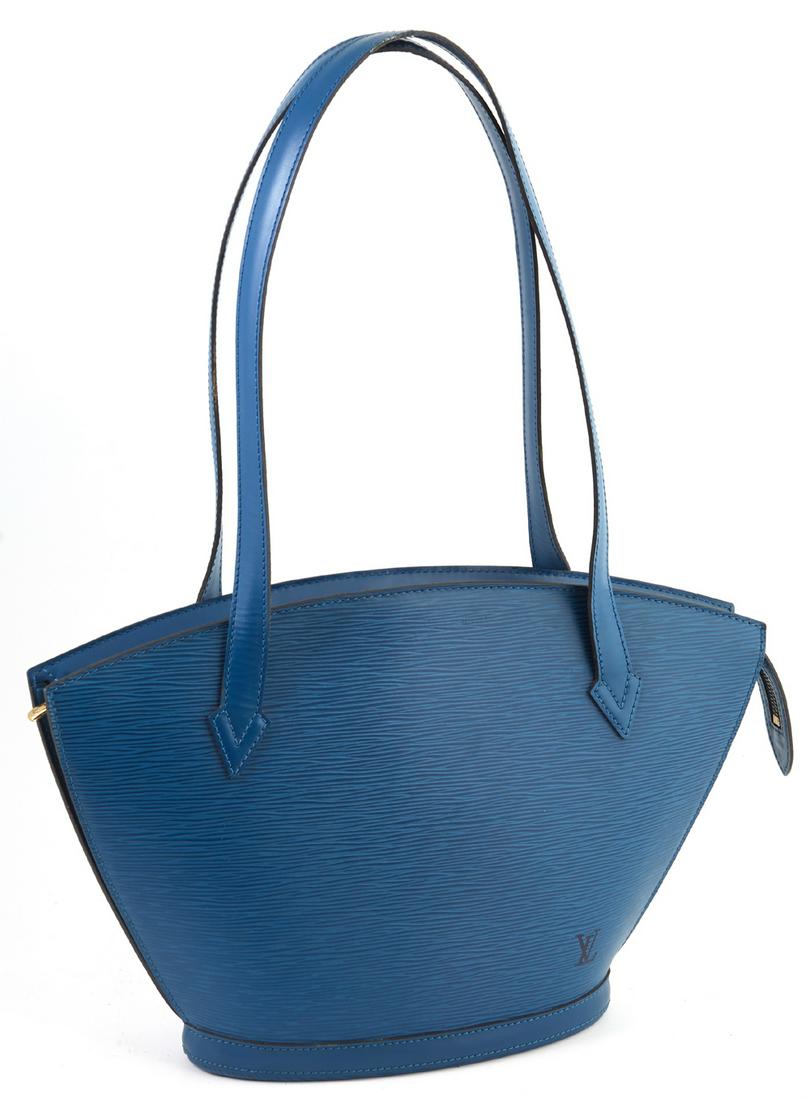 Louis Vuitton St. Jacques Blue Epi Calf Leather PM Long: Louis Vuitton St. Jacques Blue Epi Calf Leather PM Long Strap Shoulder Bag, with golden brass zipper, opening to a blue suede interior with an open side pocket, H.- 9 1/2 in., W.- 15 in., D.- 4 in., S