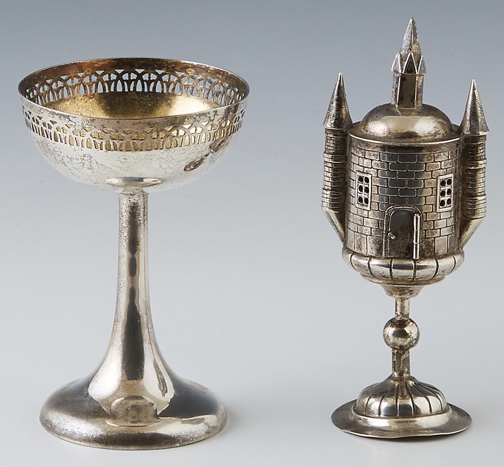 Two .800 Silver Objects, late 19th c., probably German,: Two .800 Silver Objects, late 19th c., probably German, consisting of a spice tower and a chalice with a pierced rim, Tower- H.- 6 7/8 in., W.- 2 1/2 in., D.- 2 in. Wt.- 7.4 Troy Oz. (2 Pcs.)