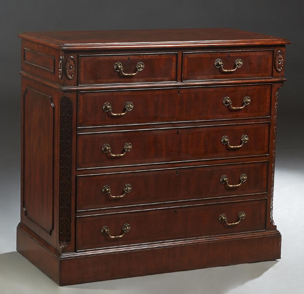 Georgian Style Mahogany Lloyd Buxton Filing Cabinet,: Georgian Style Mahogany Lloyd Buxton Filing Cabinet, late 20th c., the stepped banded ogee edge top, over two banded frieze drawers, above two like lateral file drawers, flanked by canted corners with