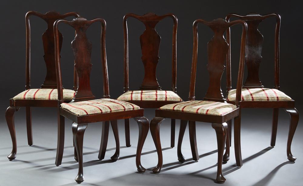 Set of Five English Queen Ann Style Carved Mahogany: Set of Five English Queen Ann Style Carved Mahogany Dining Chairs, early 20th c., the arched backs over vasiform splats, to trapezoidal slip seats, on cabriole legs with pad feet, now in magenta strip