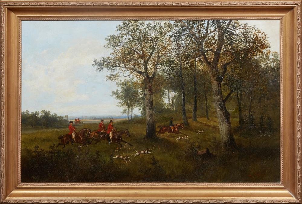 Louise Steffens (1841-1865, Belgian), "La Chasse au: Louise Steffens (1841-1865, Belgian), "La Chasse au Renard," 19th c., oil on canvas, signed lower right, presented in a gilt frame, H.- 26 in., W.- 41 in., Framed H.- 33 in., W.- 47 in.