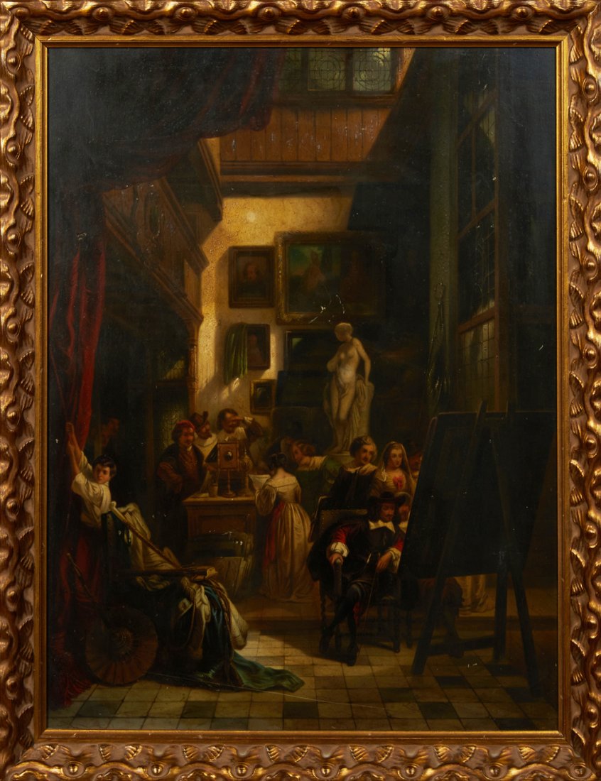 After Lodewijk Jan Petrus Touterel (1819-1883, Belgian): After Lodewijk Jan Petrus Touterel (1819-1883, Belgian) "Rembrandt's Studio," 19th c., oil on canvas, after the 1859 original, presented in a carved giltwood frame, H.- 28 1/2 in., W.- 23 in.; framed 