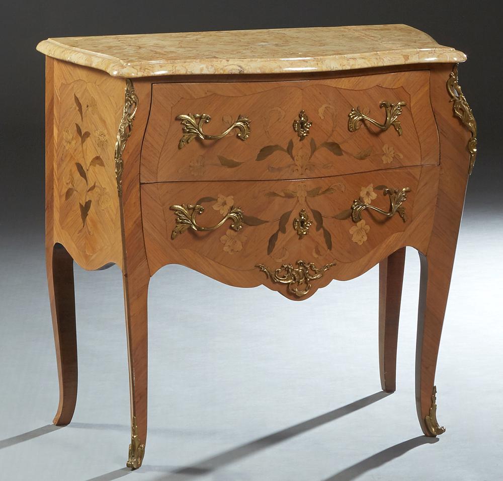 French Louis XV Style Inlaid Mahogany Ormolu Mounted: French Louis XV Style Inlaid Mahogany Ormolu Mounted Marble Top Bombe Commode, early 20th c., the ogee edge rounded corner figured beige bowfront marble over two inlaid deep drawers, flanked by ormolu