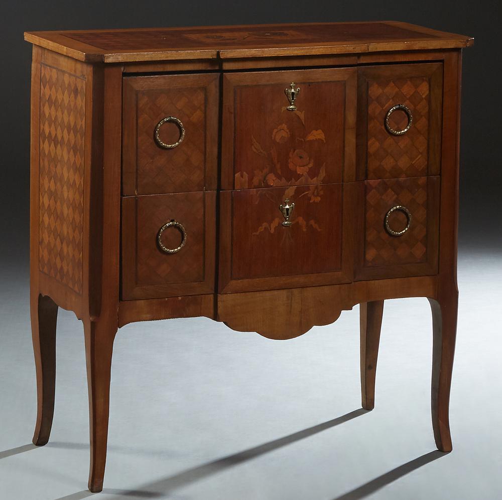 French Louis XV Style Inlaid Carved Mahogany Commode,: French Louis XV Style Inlaid Carved Mahogany Commode, 20th c., the canted corner marquetry inlaid and basket weave top over two deep like inlaid breakfront drawers, on cabriole legs, H.- 34 1/4 in., W