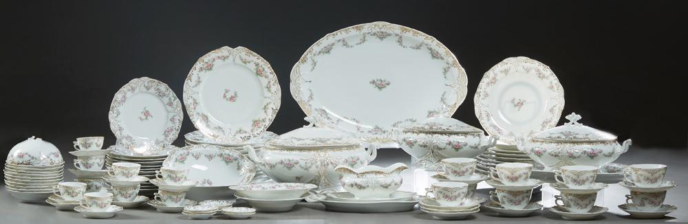 One Hundred Two Piece Set of Clairon Porcelain: One Hundred Two Piece Set of Clairon Porcelain Dinnerware, Germany, c. 1900, with floral decoration consisting of 12 dinner plates, 11 soup bowls, 12 salad plates, 9 teacups and 11 saucers, 9 coffee c