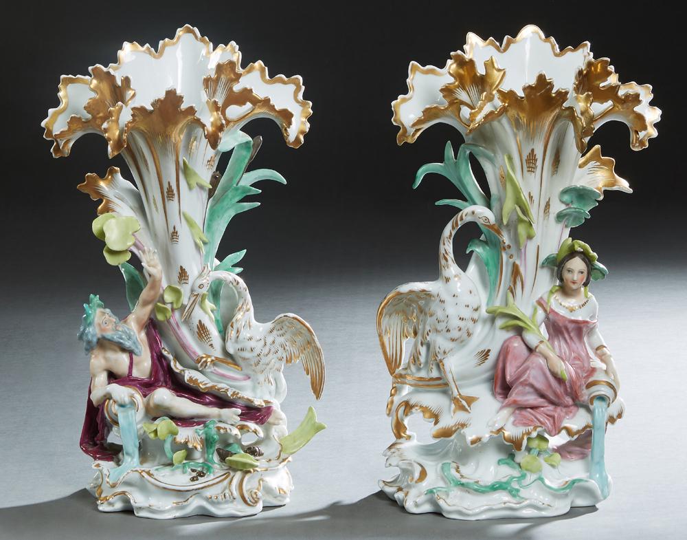 Pair of Old Paris Style Figural Flare Vases, 20th c.,: Pair of Old Paris Style Figural Flare Vases, 20th c., with gilt and polychromed relief figures and cranes, H.- 16/1/8 in., W.- 9 in., D.- 6 1/2 in.