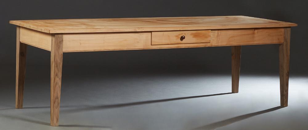 Exceptional French Provincial Carved Walnut and Cherry: Exceptional French Provincial Carved Walnut and Cherry Farmhouse Table, 19th c., and later, the rectangular top over a wide skirt with a drawer on one long side, on square tapered legs, H.- 30 3/4 in.