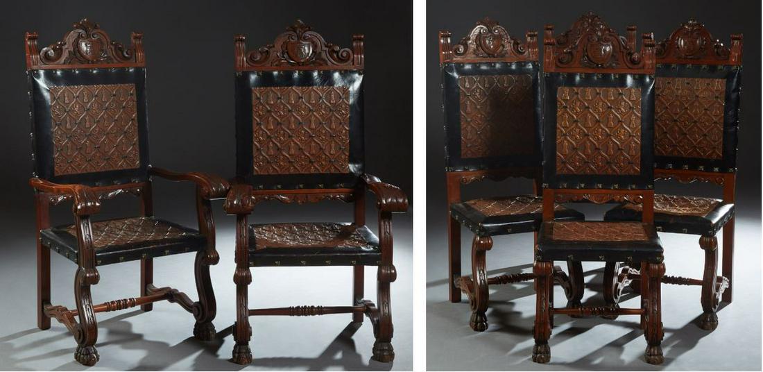 Set of Six (4 +2) French Renaissance Revival Carved: Set of Six (4 +2) French Renaissance Revival Carved Cherry Dining Chairs, 20th c.,the arched armorial carved crest over a leather back embossed with armorial motifs, over like trapezoidal seats, on sc