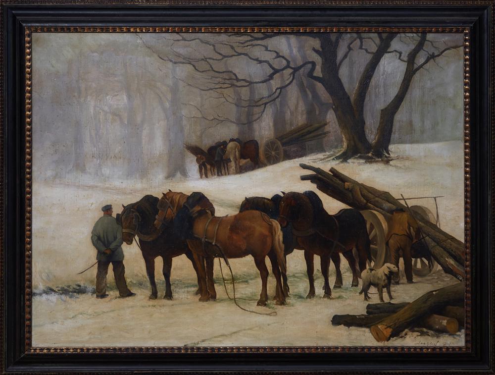 Amedee de Greef (1878-1968, Belgian), "Logging Scene,": Amedee de Greef (1878-1968, Belgian), "Logging Scene," 20th c., oil on canvas, signed lower right, presented in a wide ebonized and gilt frame, H.- 38 in., W.- 49 3/4 in.; framed H.- 45 1/2 in., W.- 5