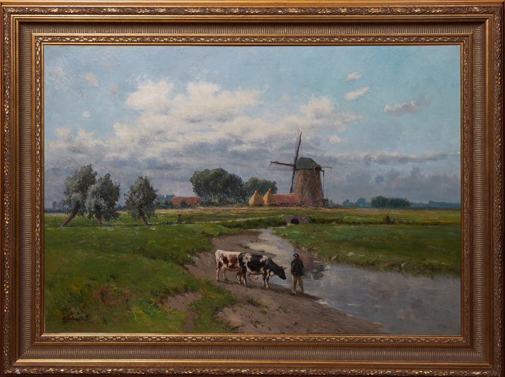 Frans Van Damme (1858-1925, Belgian), "Dutch Landscape: Frans Van Damme (1858-1925, Belgian), "Dutch Landscape with Cows and Windmill," 20th c., oil on canvas, signed lower left, presented in a wide gilt and gesso frame, H.- 27 in., W.- 39 1/2 in.; framed 