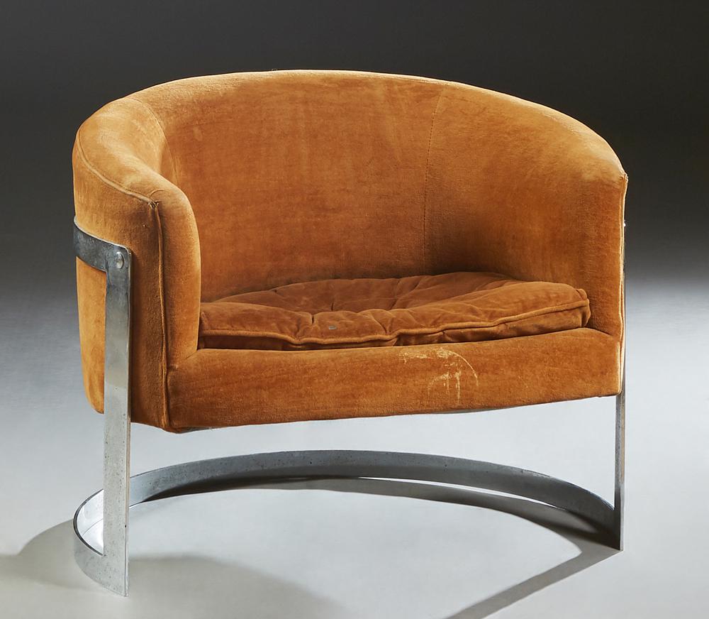 Mid Century Modern Milo Baughman Style Floating Chrome: Mid Century Modern Milo Baughman Style Floating Chrome Barrel Chair, 20th c., upholstered in orange velvet, with a tufted seat cushion, H.- 28 in., W.- 33 in., D.- 27 in.