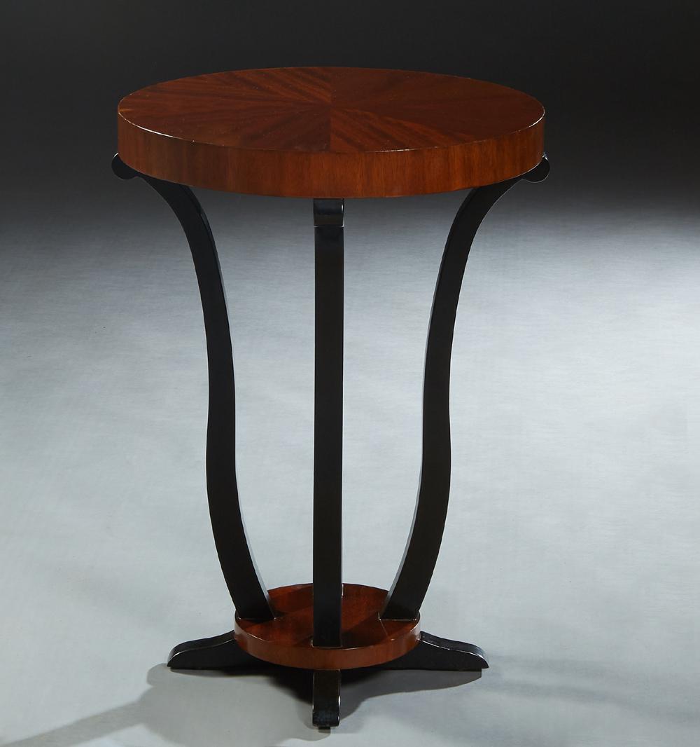Contemporary Black Lacquer and Crotched Mahogany: Contemporary Black Lacquer and Crotched Mahogany Circular Lamp Table, 20th c., on four splayed cabriole legs joined by a bottom stretcher shelf, H- 28 1/2 in., Dia.- 20 in.