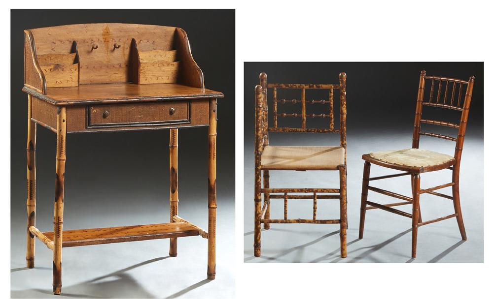 Three Pieces of Anglo-Chinese Bamboo Furniture, late: Three Pieces of Anglo-Chinese Bamboo Furniture, late 19th c., consisting of an oak and bent bamboo desk, the arched splash back fitted with letter racks flanking a pen holder; a corner chair with a ru